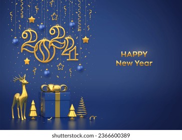 Happy New 2024 Year. Hanging golden metallic numbers 2024 with stars, snowflake, balls on blue background. Gift boxes, gold deer and golden metallic pine or fir, spruce trees. Vector illustration.