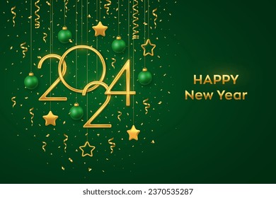 Happy New 2024 Year. Hanging Golden metallic numbers 2024 with shining 3D metallic stars, balls, confetti on green background. New Year greeting card, banner template. Realistic Vector illustration.