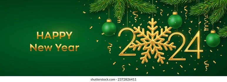 Happy New 2024 Year. Hanging Golden metallic numbers 2024 with snowflake, balls, pine branches and confetti on green background. New Year greeting card or banner template. Holiday decoration. Vector.