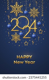 Happy New 2024 Year. Hanging Golden metallic numbers 2024 with shining snowflakes, 3D metallic stars, balls and confetti on blue background. New Year greeting card or banner template. Vector.