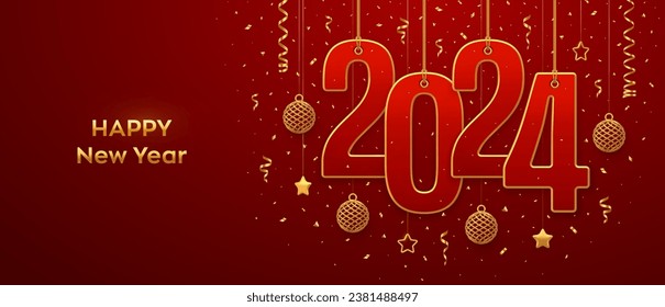 Happy New 2024 Year. Hanging on gold ropes numbers 2024 with shining 3D metallic stars, balls and confetti on red background. New Year greeting card, banner template. Realistic Vector illustration.