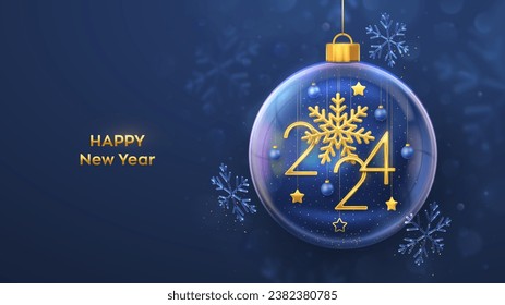 Happy New 2024 Year. Hanging Golden metallic numbers 2024 with shining snowflake in a transparent glass ball on blue background. New Year greeting card, banner, poster, flyer. Vector illustration.