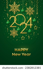 Happy New 2024 Year. Hanging Golden metallic numbers 2024 with shining snowflakes, 3D metallic stars, balls and confetti on green background. New Year greeting card or banner template. Vector.