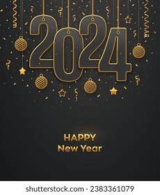 Happy New 2024 Year. Hanging on gold ropes numbers 2024 with shining 3D metallic stars, balls and confetti on black background. New Year greeting card, banner template. Realistic Vector illustration.