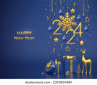 Happy New 2024 Year. Hanging golden metallic numbers 2024 with snowflake, stars, balls on blue background. Gift boxes, gold deer and metallic pine or fir, cone shape spruce trees. Vector illustration.