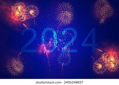 Happy New 2024 Year. Hanging Golden metallic numbers 2024 with shining snowflake and confetti on black background. New Year greeting card or banner
