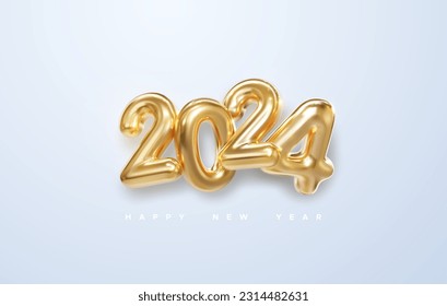 Happy New 2024 Year. Holiday vector illustration of golden metallic numbers 2024 isolated on white background. Realistic 3d sign. Festive poster or banner design