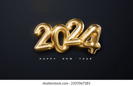 Happy New 2024 Year. Holiday vector illustration of golden metallic numbers 2024 isolated on black background. Realistic 3d sign. Festive poster or banner design