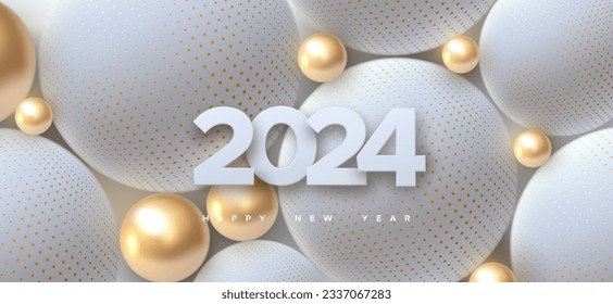 Happy New 2024 Year. Holiday vector illustration of white paper numbers 2024 and abstract balls or bubbles. 3d sign. Festive poster or banner design. Party invitation