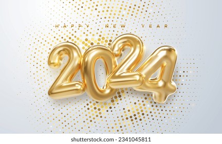 Happy New 2024 Year. Holiday vector illustration of golden metallic numbers 2024 and sparkling glitter pattern. Realistic 3d sign. Festive poster or banner design