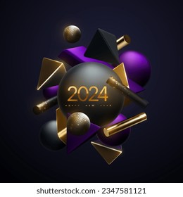 Happy New 2024 Year. Holiday vector illustration golden numbers 2024 and abstract geometric 3d shapes. Festive poster or banner design. NYE party invitation