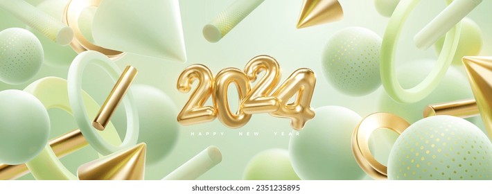 Happy New 2024 Year. Holiday vector illustration of golden numbers 2024 and abstract geometric 3d shapes. Festive poster or banner design. New year or Christmas party invitation template