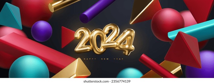 Happy New 2024 Year. Holiday vector illustration of golden numbers 2024 and abstract geometric 3d shapes. Festive poster or banner design. NYE party invitation