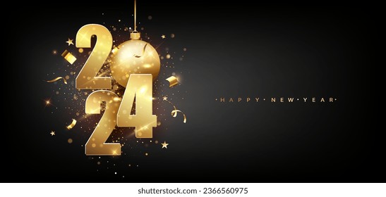 Happy New 2024 Year. Holiday vector illustration of golden metallic numbers 2024. Gold Numbers Design of greeting card of Falling Shiny Confetti. New Year and Christmas posters.