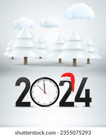 Feliz nueva ilustración de 2024. Composición con dígitos, reloj, pinos y sombrero Santa. 3.ª ilustración vectorial