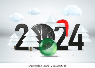 Feliz nueva ilustración de 2024. Composición con dígitos, reloj, pinos, baudible y sombrero Santa. 3.ª ilustración vectorial