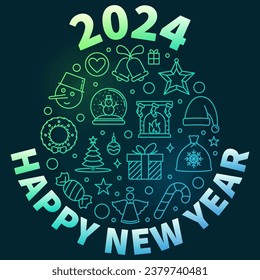 Happy New 2024 Year linear round green banner - vector Xmas illustration or poster with dark background