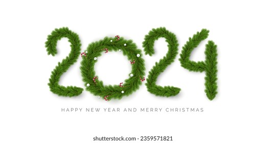 Happy New 2024 Year and merry Christmas. 2024 lettering by spruce branch and Xmas wreath instead zero with Christmas balls and lollipop. Vector illustration