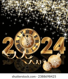 Happy New 2024 year Merry Christmas greeting card with clock,	
vector illustration