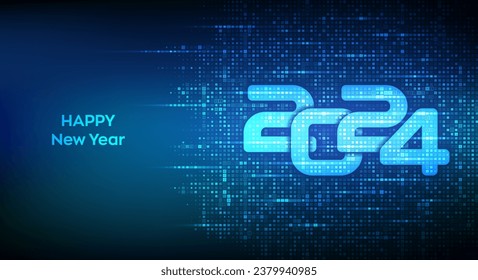 Happy New 2024 Year. Numbers 2024 made with binary code. Digital binary data and streaming digital code background. Matrix background with digits 1.0. Vector illustration.