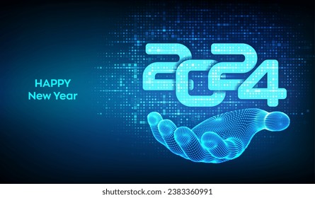 Happy New 2024 Year. Numbers 2024 made with binary code in wireframe hand. Digital binary data and streaming digital code background. Matrix background with digits 1.0. Vector illustration.