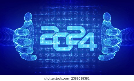 Happy New 2024 Year. Numbers 2024 made with binary code in wireframe hands. Digital binary data and streaming digital code background. Matrix background with digits 1.0. Vector illustration.