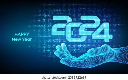 Happy New 2024 Year. Numbers 2024 made with binary code in wireframe hand. Digital binary data and streaming digital code background. Matrix background with digits 1.0. Vector illustration.