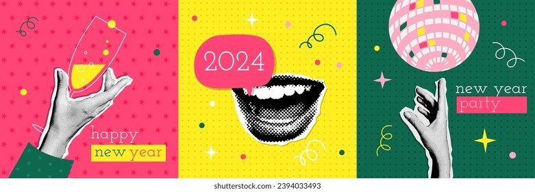 Happy new 2024 year party cards set in halftone design with yelling mouth and hands holding champagne and mirror ball. Colorful paper collage style illustrations. Vector template for poster, banner