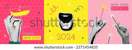 Happy new 2024 year party card and invitation set halftone design with yelling mouth and hands holding champagne and sparklers. Colorful collage style illustrations. Vector template for poster, banner
