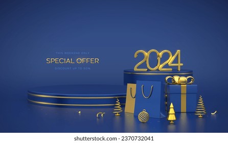 Happy New 2024 Year SALE banner. Scene and 3D round platforms on blue background. Golden metallic numbers 2024. Pedestal with gift box with gold bow and shopping bags, pine, cone spruce trees. Vector.