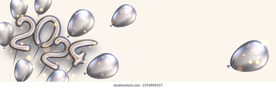 Happy New 2024 year. Silver foil shiny helium balloon numbers on light background. Realistic 3d sign for festive poster. Vector illustration.