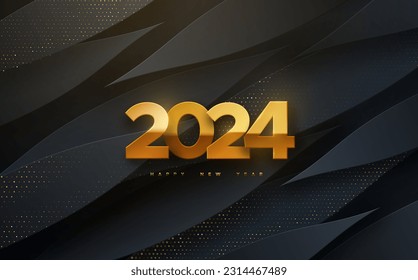 Happy New 2024 Year. Vector holiday illustration. Golden 2024 numbers on black background textured with shimmering glitters. Festive event banner. Modern cover design