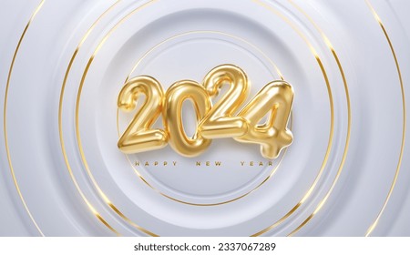 Feliz Año Nuevo 2024. Ilustración vectorial de números dorados 2024. Fondo de formas radiales en blanco y dorado. 3.ª señal de año nuevo. Afiche festivo o diseño de pancartas. Invitación de Parte