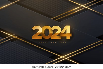 Happy New 2024 Year. Vector holiday illustration of golden numbers 2024 on black geometric background with gold glittering strings.