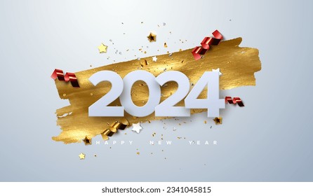 Happy New 2024 Year. Vector holiday illustration of paper cut numbers with sparkling confetti particles, golden stars and streamers. Festive event banner. Decoration element for poster or cover design