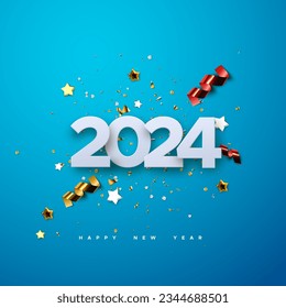 Happy New 2024 Year. Vector holiday illustration of 2024 paper numbers with sparkling confetti particles, golden stars and streamers. Festive event banner. Decoration for poster or cover design