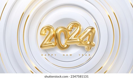 Happy New 2024 Year. Vector holiday illustration of golden numbers 2024. White and gold radial shapes background. 3d new year sign. Festive poster or banner design. Party invitation