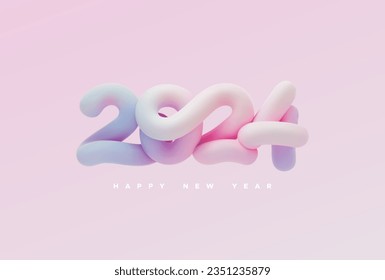 Happy New 2024 Year. Vector holiday illustration. 3d lettering of 2024 inflate numbers. Abstract iridescent pastel element for New Year or Christmas party banner design.