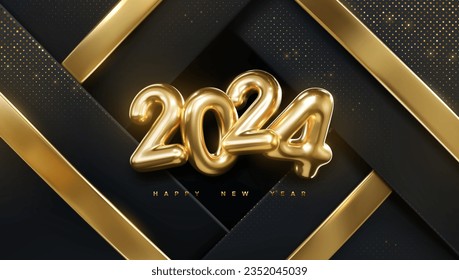 Happy New 2024 Year. Vector holiday illustration of golden numbers 2024 on black geometric background textured with gold ribbons and glitters