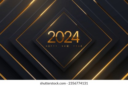 Alles Gute zum neuen Jahr 2024. Vektorgrafik von Feiertagen der goldenen Zahlen 2024 auf schwarz-geometrischem Hintergrund, strukturiert mit goldglänzenden Strichen.