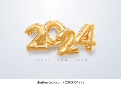 Happy New 2024 Year. Vector holiday illustration. 2024 golden foil balloons on white background. Gold helium balloon numbers. . Realistic 3d sign. Design element for festive poster or banner design