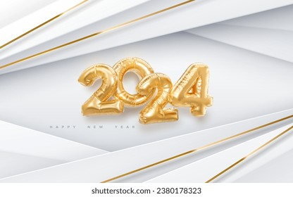 Happy New 2024 Year. Vector holiday illustration. 2024 golden foil balloons on paper white background. Gold balloon numbers. . Realistic 3d sign. Design element for festive poster or banner design