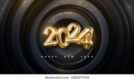 Feliz Año Nuevo 2024. Ilustración vectorial navideña de números dorados 2024 sobre fondo radial negro texturado con brillantes dorados