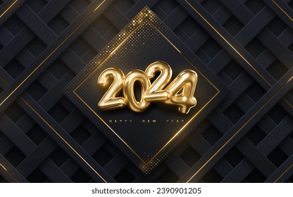 Happy New 2024 Year. Vector holiday illustration of golden numbers 2024 on black geometric background textured with gold glitters and strokes.