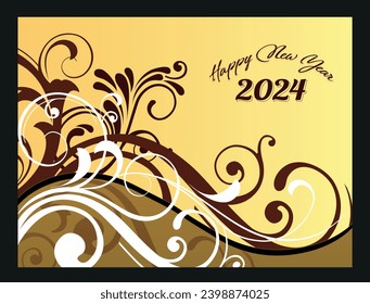 Feliz Año Nuevo 2024. Ilustración vectorial de vacaciones. Números dorados sobre fondo negro con brillantes brillantes brillantes. Banner de evento festivo con rayos de luz que rompen. Diseño moderno de carteles o cubiertas