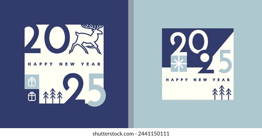 Happy New 2025 Year card template set with deer and gifts. Minimal text template.