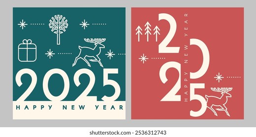 Happy New 2025 Year card template set with deer and gifts. Minimal text template.