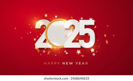 Happy New 2025 Year. Christmas red vector illustration of white numbers 2025 and sparkling golden glitters pattern. Realistic 3d flat sign. Happy New poster or banner design
