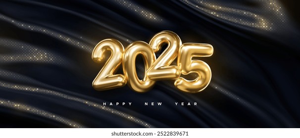 Happy New 2025 Year festive banner. 2025 golden metal sign. Vector holiday illustration. Gold numbers on black glittering fabric background