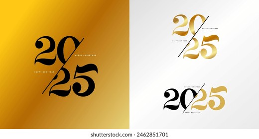 Happy New 2025 Year golden typography logo design. Set of vector minimalist illustration of dynamic geometry shapes style numbers 2025. Luxury gold design Christmas element.
